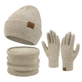 ZASFOU Women's Winter Beanie Hat Scarf Touchscreen Gloves Set Warm Winter Hat Loop Scarf Tube Scarf Winter Gloves Christmas Gift for Women, Light Khaki