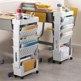WINARA Removable Mobile Bookcase Trolley with 5 Levels and Wheels, Book Trolley with 3 Flat Shelves, Single-sided for Children, Adults, Teachers and Students, Multifunctional (White)