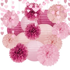 Hot-Pink Decorations for Party - 17pcs Tissue Paper Flowers Pom Poms Lanterns Birthday Bridal Baby Shower Wedding Anniversary Bachelorette Engagement Graduation Hanging Decor Hongtongtong