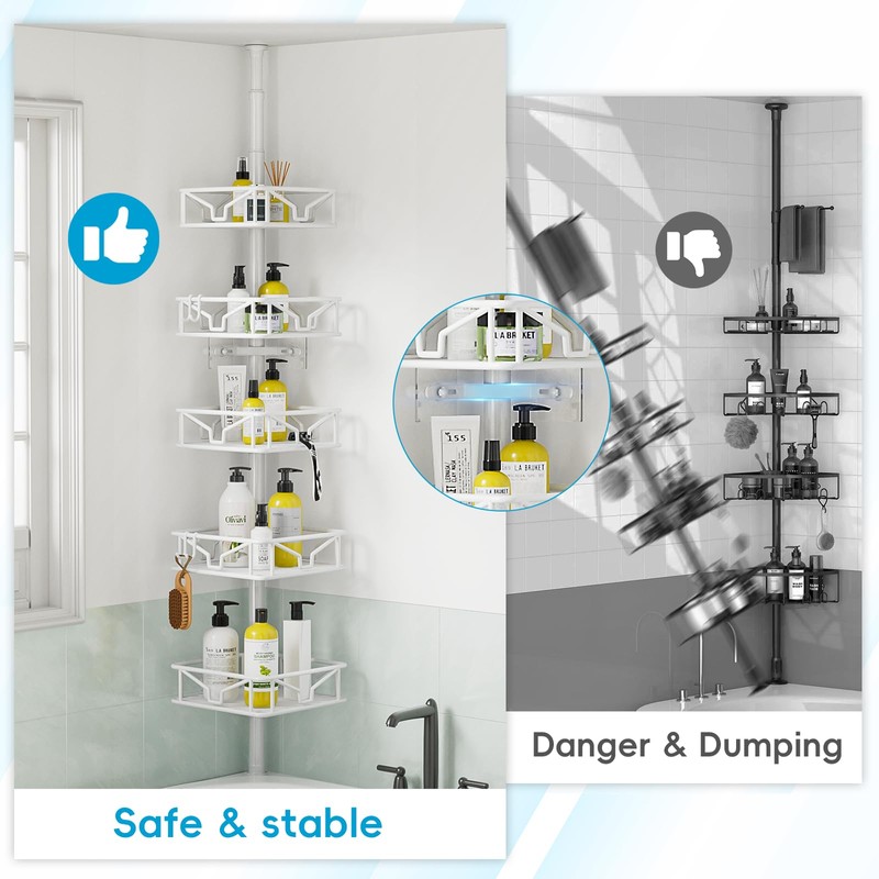 Skycarper 5 Tier Adjustable Corner Shower Caddy Organizer with Hooks,Rustproof