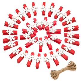 jijAcraft Red Small Wooden Pegs with Snowflakes: 3.5 cm Mini Christmas Photo Clips with Jute String Pack of 50 Wooden Clothes Pegs for Advent Calendar Christmas Decoration DIY Crafts