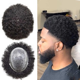 LYRICAL HAIR Afro Curly Mens Toupee African American Human Hair System Replacement 10X8 All Injected Poly Skin PU Afro Wavy 6MM Curl Hairpiece #1 Jet Black Kinky Curly Wigs for Black Men