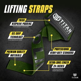 Titan Armour® Weight Lifting Straps | Extra-Long Neoprene Padded Heavy-Duty Weightlifting Straps | Deadlifts | Anti-Slip Gel Option | Gym Accessories Men & Women (Khaki Green (Gel Grip))