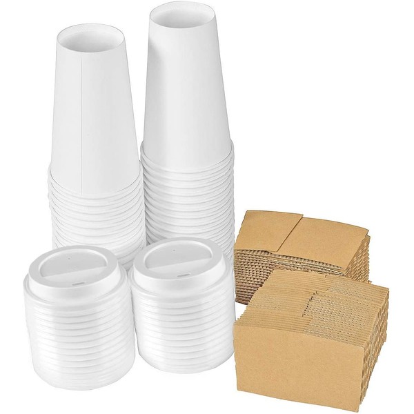 Disposable Coffee Cups with Lids 16 oz – Pack of 50, Cold / Hot Beverage Paper Cups with Sleeves