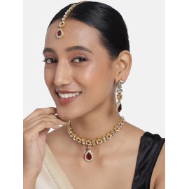 Aheli Indian Traditional Wedding Faux Kundan Necklace Earrings Maang Tikka Set for Women Girls Ethnic Jewelry (Rani Pink)