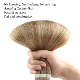 ABH AMAZINGBEAUTY HAIR Remy Tape-In Hair Extensions, Invisible Sun Kissed Balayage Hair, Ash Brown Transitioning to Dirty Blonde with Blonde, Real Hair Extensions Tape #B8-18-60, 20 Pieces, 50 g, 50