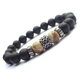 Men's Black Stainless Steel Bracelet with Intertwined Ornaments and Agate and Jasper Beads