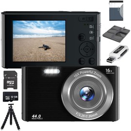 eDealz 44MP Digital Camera Compact Point and Shoot Camera, 16X Zoom, 32GB SD Card, Card Reader 6" Tripod and 6PC Card Holder Kids Camera 2.4" Screen, Vlogging Camera for Teens, Kids, Adults (Black)