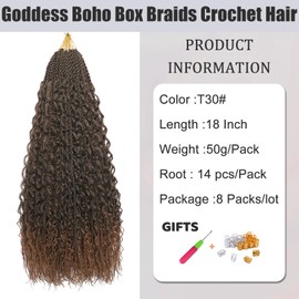 BLTYXT Goddess Boho Box Braids Crochet hair 18 Inch 8 Packs Pre Looped Water Wave Crochet Hair for Women Hair Extension (T30, 18 Inch(8 Packs))