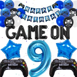 9th Birthday Decorations for Boys - 50 Pieces Video Game Party Supplies, Blue Happy Birthday Banner Gaming Controller Foil and Latex Balloons, 9 Year Old Gamer Birthday Party Decor