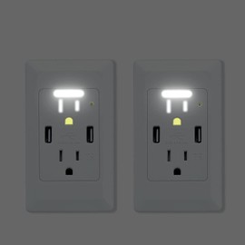 USB Outlet with Nightlight,GreenCycle 15 Amp Electrical Outlet Guide Light,4.2A High Speed Duplex Receptacle Electrical AC Wall Sockets, Auto Nightlight Sensor and Wall Plates (White,2 Pack)