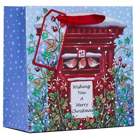 Partisan Products Traditional Christmas Robins and Post Box Gift Bag Square with Red Handle and Gift Tag Xmas Gift Wrap Medium