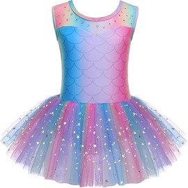 Zaclotre Girls Ballet Leotards Sparkly Sleevesless Mesh Dance Dress Tutu Mermaid Costume for Kids Rainbow