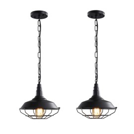 Black Industrial Pendant Light 2 Pack D10.23" Farmhouse Vintage Pendant Light Fixtures with Metal Wire Cage, Rustic Adjustable Chain Cage Hanging Lighting for Kitchen Barn Hallway Porch Stairs