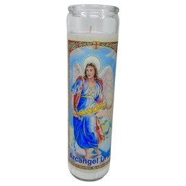 veladora de rezo Arcángel Uriel Patrono de la sabiduría oración en español al reverso veladora blanca sin aroma