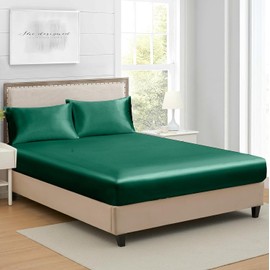 Satin Fitted Sheet, 180 x 200 cm, Dark Green, Green, Plain Pattern, Box Spring Bed Topper, Terry Cloth, Shiny Silk Fitted Sheet, 180 x 200 cm Fitted Sheets for High Mattresses up to 25–30 cm