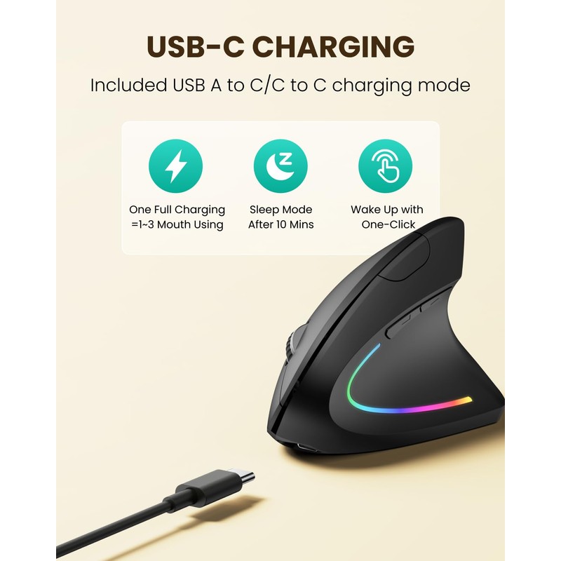 POJTK Ergonomic Wireless Rechargeable Mouse, Bluetooth+USB A+Type C(3 in 1)