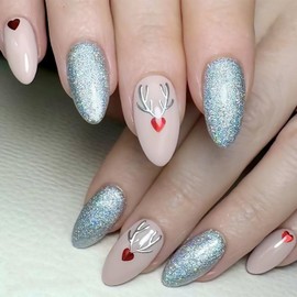 Tyuimhx Christmas Press on Nails Medium Almond Fake Nails With Elk Heart Design Xmas Silver Glitter False Nails Full Cover Stick on Nails Acrylic Winter Artificial Nails for Women Glue on Nails 24 Pcs