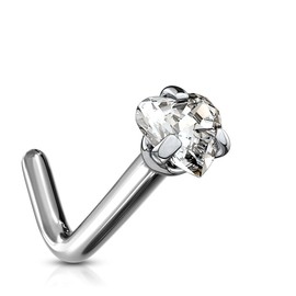 PiercedOff Titanium L Bend Nose Stud with Clear CZ Heart CZ - Thickness 18GA (1mm) / Heart Size 3mm