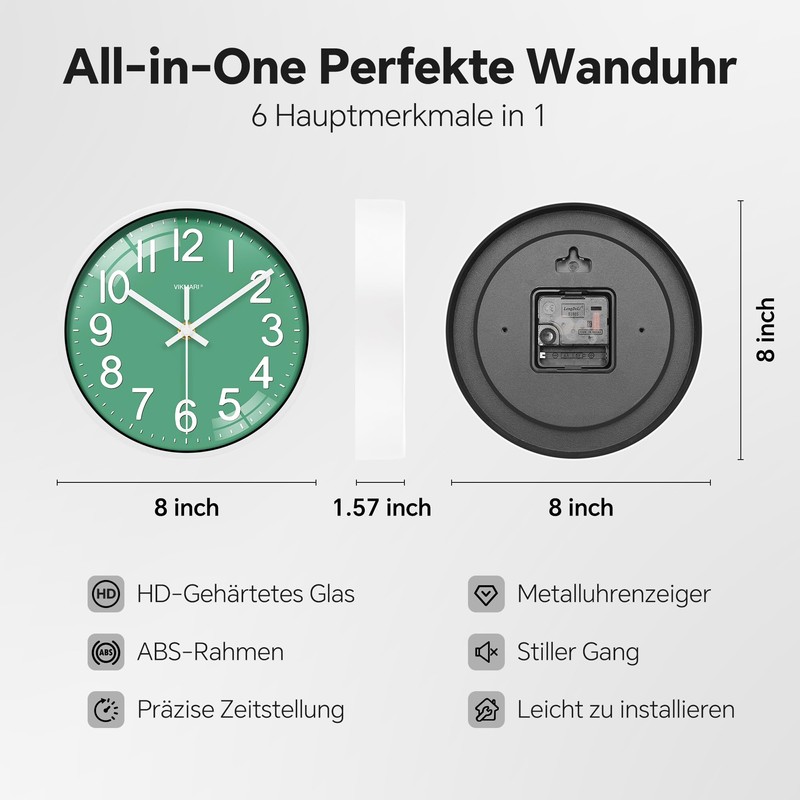 VIKMARI Wall Clock, Small 20 cm, Modern Blue Silent Analogue