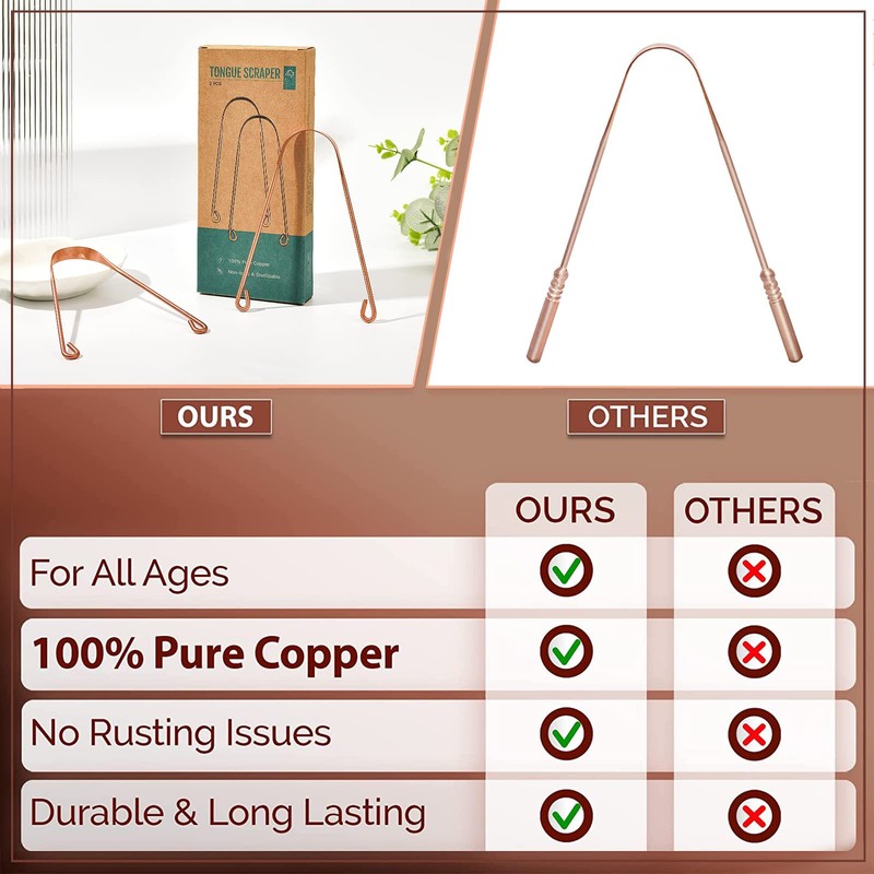 Copper Tongue Scraper Cleaner for Adult, 100% Pure Copper by