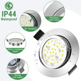 fosfor LED Recessed Spotlight, 230 V, Dimmable, Only 25 mm Installation Depth, 600 lm, IP44 Splashproof, 5 W Replaces 50 W Halogen Spotlights, Set of 6, for Bathroom, Living Room (Neutral White 4500