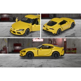 Majorette Premium Toyota Supra Toy Car, Freewheel, Opening Parts, Suspension, Trading Card, 1:64, 7.5 cm, Yellow, for Ages 3+