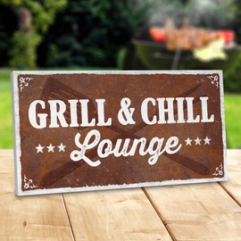 ARTFAVES® Garden Sign - Grill & Chill Lounge | Shabby Chic Vintage Garden Decoration Sign with Saying on the Theme Garden/Grill/Rust Look | Size: 30 x 15 cm