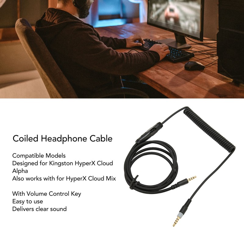 Coiled Headphone Cable Replacement Headset Sound Cord with Volume Key