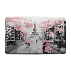 YSSFAV Eiffel Tower Bath Mat Romantic French Paris Love Valentine's Day Pink Flowers Memory Foam Bathroom Kitchen Bedroom Livingroom Soft Floor Rug, 16"x24"