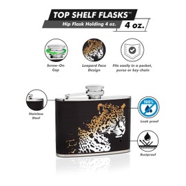 Hip Flask Holding 4 oz - Leopard Face Design - Pocket Size, Stainless Steel, Leak Proof, Screw-On Cap - Black, White and Orange Wrapped Vinyl Finish