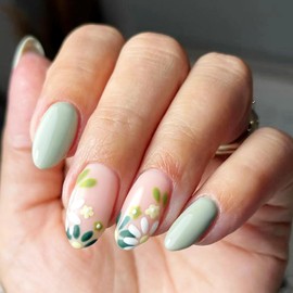 French Tip Press On Nails Fake Nails Almond Medium with Nude Green Flower Designs Glossy Acrylic False Nails Almond Medium Glue on Nails Full Cover Thick Stick on Nails for Women Girls 24Pcs W158