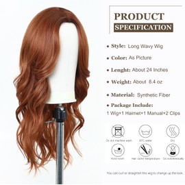 Esmee Long Wavy Copper Brown Wigs for Women, Natural Looking Synthetic Hair Wig for Daily Use & Party