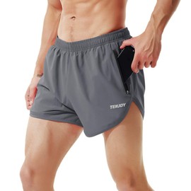 TENJOY Men's Running Shorts Gym Athletic Workout Shorts for Men 3 Inch Sports Shorts with Zipper Pocket Dark Grey XL