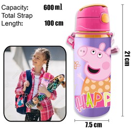 HOVUK® 1 x Purple 600ml Pepa Pig Water Bottle with Carry Strap, Leakproof Bottle with Spout Lid and Push Button for Sports or Travel, Summer Accessories for Kids Backpack 3+ Years