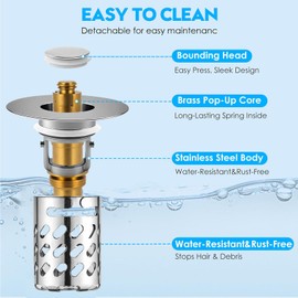 Pop-up Sink Drain Strainer Bathroom Sink Stopper with Removable Stainless Steel Strainer Basket Hair Catcher, Bathroom Sink Strainer for 1.25"-1.5" Basin Drain Holes, Metal (1Pack, Silver)