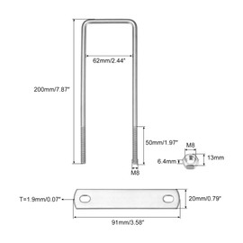 sourcing map Square U-Bolts, 3 Sets 62mm(2.44") Inner Width 200mm Length M8 304 Stainless Steel U Clamp Bolt with Nuts and Plates, for Boat Trailer