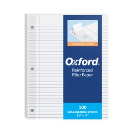 Oxford Reinforced Filler Paper, 8.5 x 11 Inch, College Rule, 3 Hole Punched, Lined Loose Leaf Paper for Ring Binders, 100 Sheets, White (1002097)