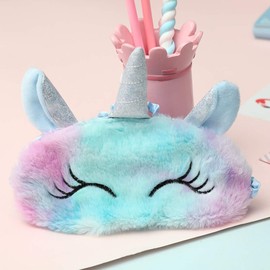 FENICAL Soft Plush Unicorn Sleeping Mask Eye Cover - Cute Unicorn Sleep Eye Umbrella for Children and Adults Home Travel Sleeping - Blue