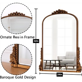 SHYFOY Antique Gold Wall Mirror Baroque Vintage Mirrors for Wall, Decorative Wall Mirror Ornate Arch Mantel Mirror for Living Room Entryway Powder Room Traditional Wall Decor, 31.5'" X 23.6''