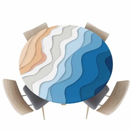 CNNKEPTBLE Round Fitted Tablecloth, Abstract Blue White Summer Beach Waterproof Table Cover with Elastic Edge, Gradient Ocean Waves Wipeable Table Covers for Indoor Outdoor,36-44IN