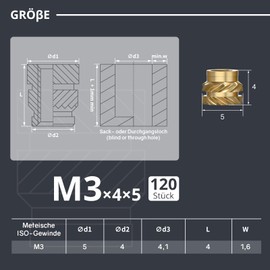 Dayalo M3 Thread Insert, Pack of 120 M3 x 4 x 5 Press-in Nuts for 3D Printing Accessories, Brass Threaded Sockets, Can be Used by Heat in 3D Printing Plastic Parts