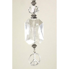 Rear View Mirror Car Accessory/Ornament Silvery Peace Symbol Sign & Faceted Clear Glass