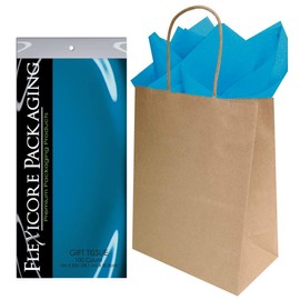 Flexicore Packaging Brown Kraft Paper Gift Bags & Turquoise Blue Gift Wrap Tissue Paper Size: 8 Inch X 4.75 Inch X 10.5 Inch | Count: 50 Bags | Color: Turquoise
