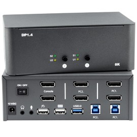 KVM Switch 2 Monitors 2 Computers, 8k Displayport Switch with USB 3.0, Jack, 2 Computers Share a Set of Keyboard, Mouse, Support Windows/Mac/Linux (Dual Monitor)