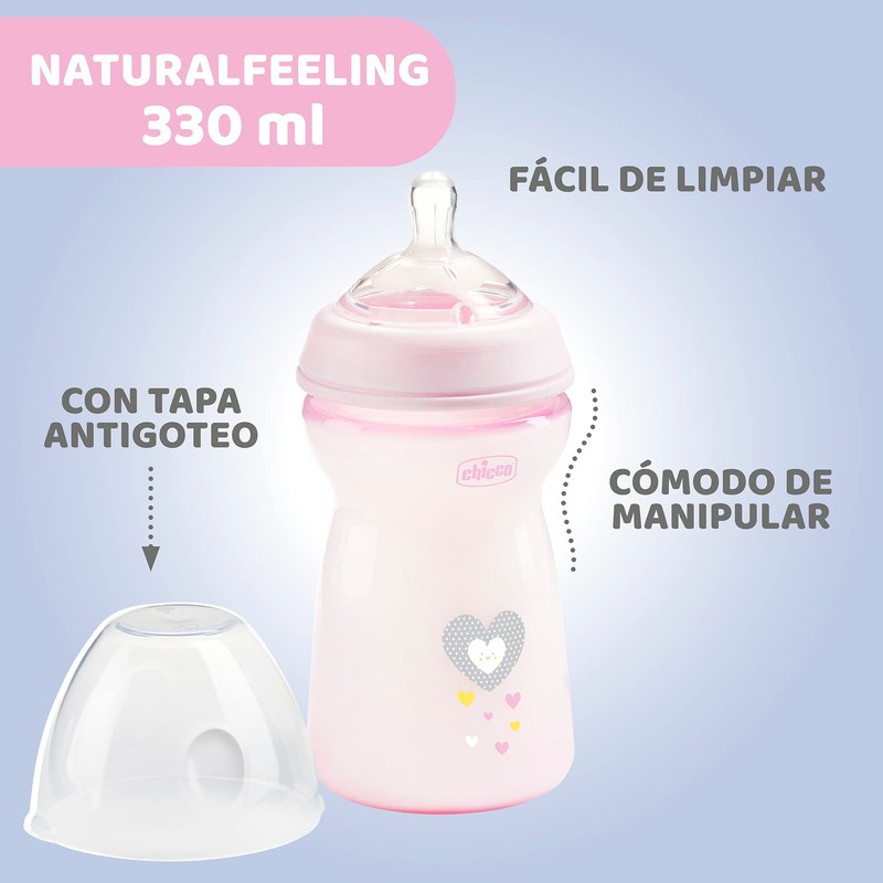 CHICCO, Biberón Natural Feeling, Color Rosa, 330 ml