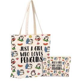 Cute Penguin Gifts，2PCS Makeup Cosmetic Bag Canvas Tote Bag Beach Bag for Shopping Work Office, Penguin Decor Stuff Merch Gift for Animal Penguins Lovers Women Girl Birthday Friendship Christmas