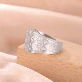 Dreamtimes Tree of Life Ring for Men Women Adjustable Vintage Ring Stainless Steel Ring Yggdrasil World Tree of Life Rings Viking Celtic Knot Ring Amulet Religious Jewelry (SILVER)