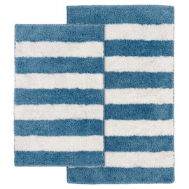 Garland Rug Beach Stripe Washable Bath Rug Set – 2-Piece Non-Slip, Soft & Absorbent Bathroom Mats, Quick-Dry, Machine Washable, Classic Striped Design (Basin Blue/White)