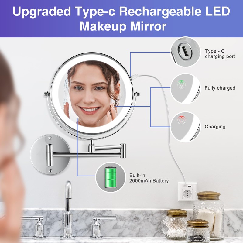 GREENFROM Wall Mounted Lighted Makeup Mirror: 8.5 Inch Double Sided